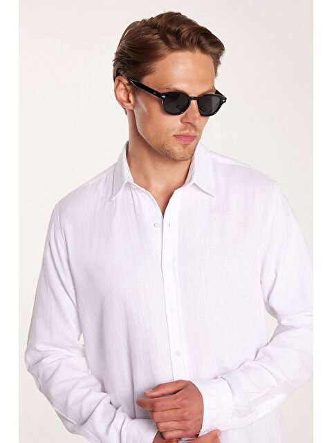 TUDORS Erkek Slim Fit Dar Kesim Uzun Kollu %100 Pamuk Keten Doku Düz Biyeli Beyaz Gömlek - S000519176-20063