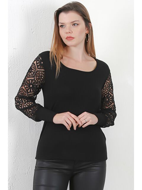 Chiccy Siyah Havuz Yaka Dantelli Balon Kol Casual Örme Bluz - S000468889-19351