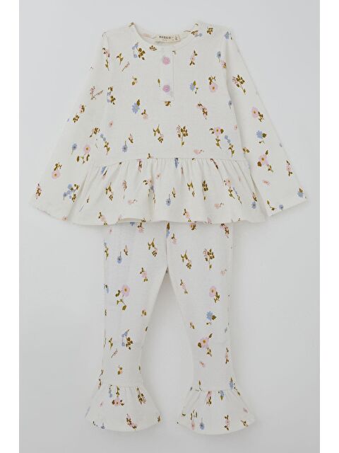 Breeze Kız Çocuk Taytlı Takım Çiçek Desenli Paça Kısmı Fırfır Detaylı Beyaz (3-7 Yaş) - S000491430-20063