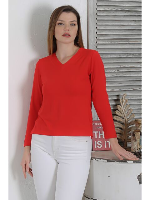 Chiccy Kırmızı V Yaka Uzun Kol Yırtmaçlı Casual Örme Bluz - S000468894-20045