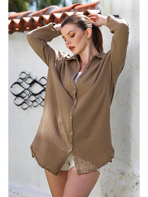 Chiccy Açık Kahve Gömlek Yaka Düğmeli Uzun Kollu Yanları Büzgülü Müslin Oversize Dokuma Gömlek 90 68 - S000468893-29705