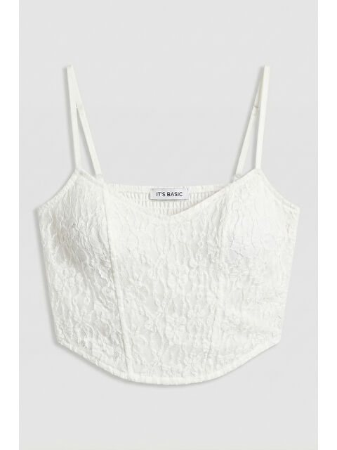 It's Basic Kadın Beyaz s6-101 Crop Fit Askılı Dantel Detaylı Crop Top