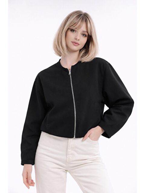 Freemen Kadın Bej Balon Kol Oversize Fermuarlı Bomber Ceket