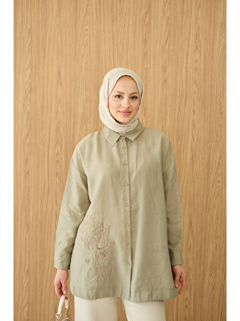 Locco Moda Kadın Boncuk Nakış Detaylı Gömlek Haki Yeşil