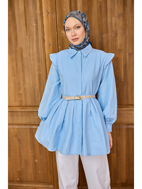 Locco Moda Kadın Eteği Pile Detaylı Gömlek  Mavi - S000350397-17234