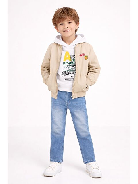 Cansın Mini Kahverengi Nakışlı Ceketli Jean Pantolonlu Erkek Çocuk Kapüşonlu 3lü Takım 23526 - S000504753-19413