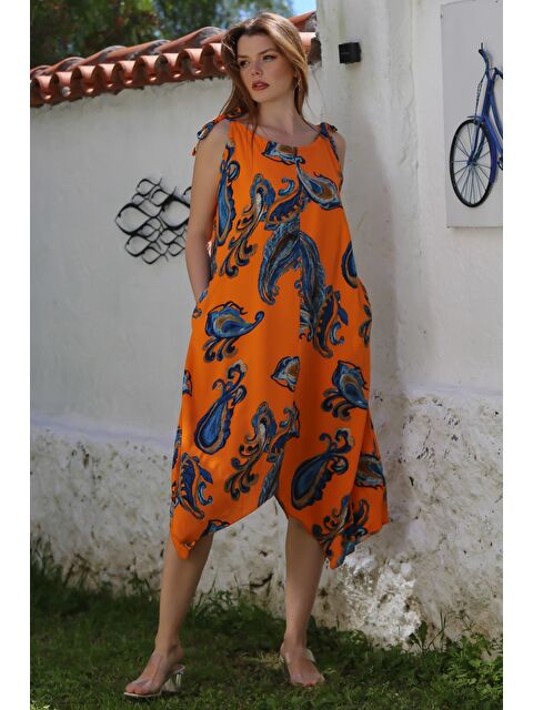 Chiccy Turuncu Yakasız Askılı Şal Desenli Gizli Cepli Casual Viskon Dokuma Elbise 125 58 - S000468900-20013