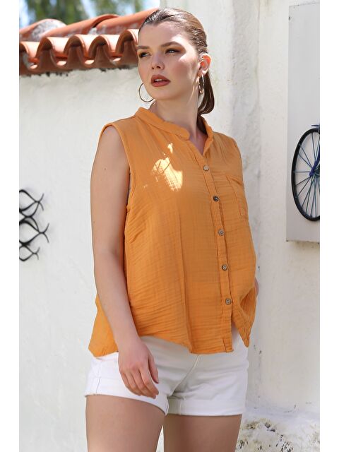 Chiccy Hardal Hakim Yaka Kolsuz Düğmeli Tek Cepli Casual Müslin Dokuma Bluz 68 60 - S000468891-20074