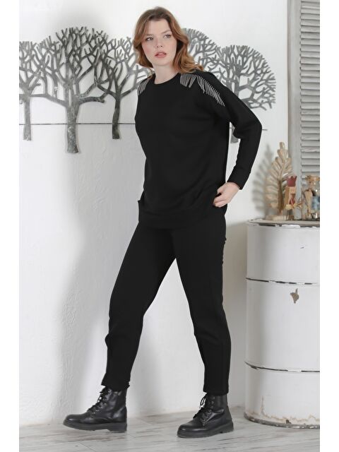 Chiccy Siyah Balıkçı Yaka Manşetli Kollu Zincir Püsküllü Pliseli Casual Örme Alt Üst Takım 70-97 59-53
