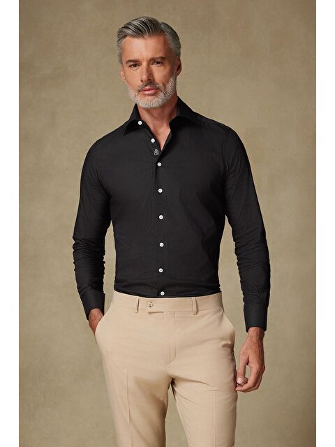 ABBATE Sartoria Poplin Stretch Pamuk Karışımlı Slim Fit Siyah İtalyan Yaka Erkek Düz Gömlek - S000438171-19351