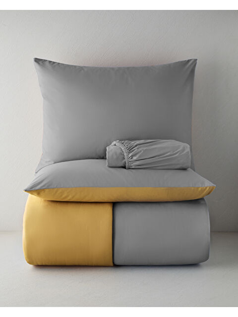 English Home Plain Pamuk Çift Kişilik Nevresim Takımı 200x220 cm Gri-Sarı - S000513845-37286
