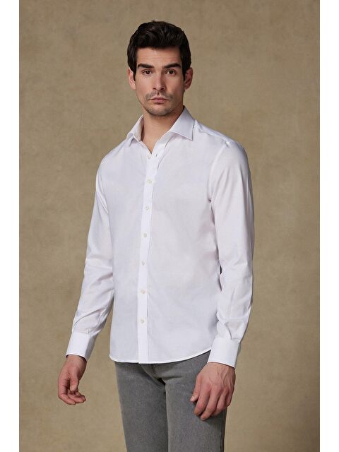 ABBATE Enzo Poplin Stretch Pamuk Karışımlı Slim Fit Beyaz Klasik Yaka Erkek Düz Gömlek - S000438179-20063