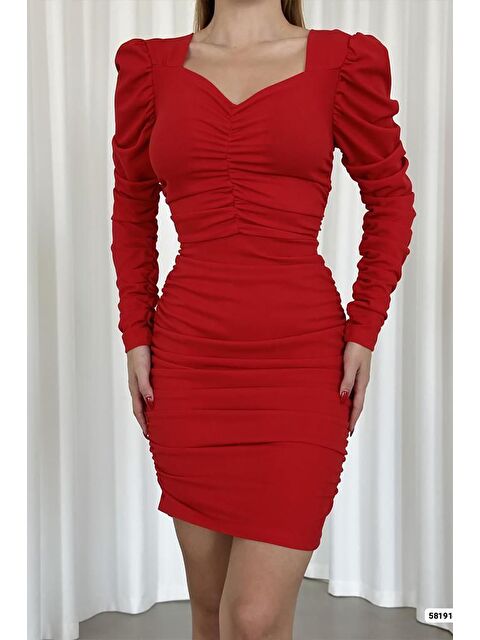 DEAFOX Kırmızı Prenses Kol Detay Drapeli Uzun Kollu Elbise - S000425901-20045