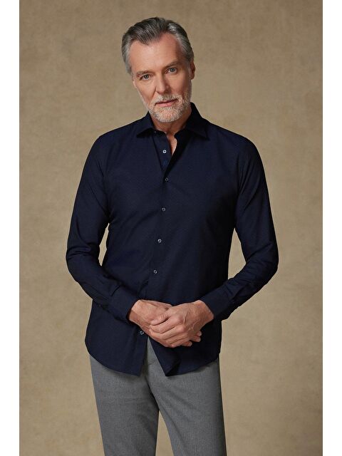 ABBATE Donatello Jakar Pamuklu Slim Fit Lacivert Klasik Yaka Erkek Desenli %100 Pamuk Gömlek - S000438185-21164