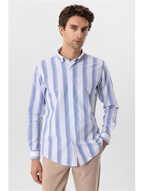 Süvari Mavi Slim Desenli Düğmeli Yaka Gömlek - S000460577-17234