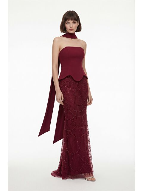 Lafaba Kadın Bordo Dar Kalıp Straplez Taşlı Uzun Balık Abiye - S000450582-19951