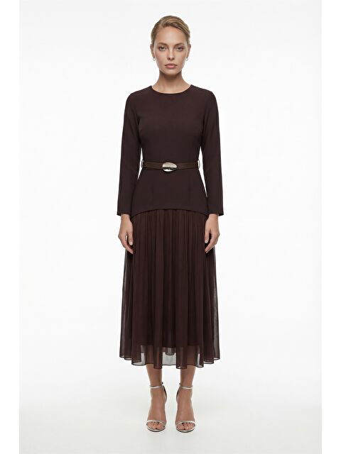 Lafaba Kadın Kahverengi Kemerli Midi Abiye Elbise - S000506622-19413