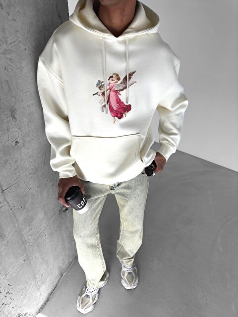 Abluka Online Erkek Oversize 'Hero Angel' Baskılı Sweatshirt Bej - S000109314-19928