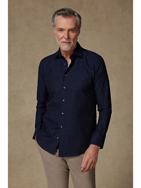 ABBATE Donatello Jakar Pamuklu Slim Fit Lacivert Klasik Yaka Erkek Desenli %100 Pamuk Gömlek - S000438187-21164