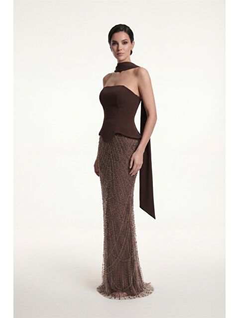 Lafaba Kadın Kahverengi Dar Kalıp Straplez Taşlı Uzun Balık Abiye - S000450582-19413