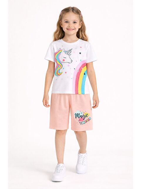 Cansın Mini Somon Baskılı Simli Kız Çocuk Tişörtlü Şortlu Takım 23796