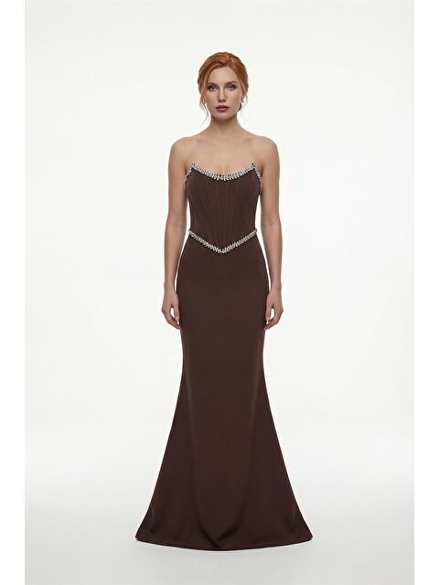 Lafaba Kadın Kahverengi Dar Kalıp Straplez Taşlı Peplum Kesim Söz Nişan Nikah Abiye - S000482793-19413