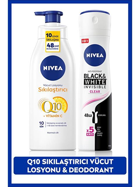 NIVEA Kadın Sprey Deodorant Black&White Clear 150ml, Q10 Sıkılaştırıcı ve Nemlendirici Vücut Losyonu 400ml - S000277506-26865