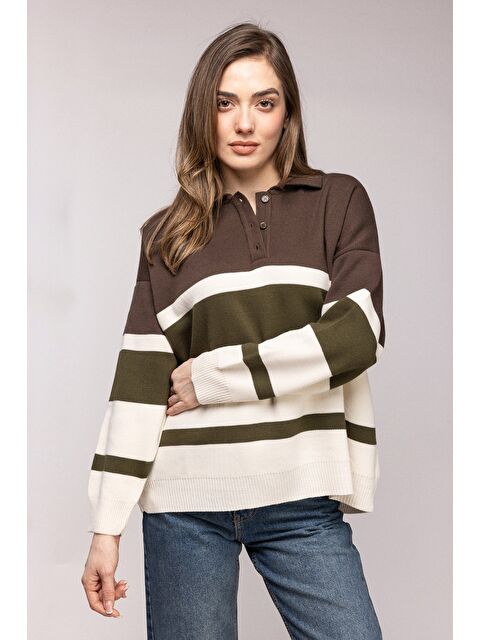 Saade Kahverengi Renk Bloklu Çizgili Polo Yaka Oversize Kazak - S000506624-19413