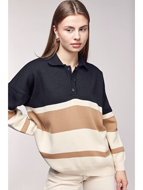 Saade Siyah Renk Bloklu Çizgili Polo Yaka Oversize Kazak - S000506624-19351