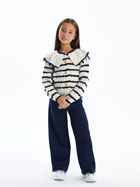 Dexia Stripe Cable   Çizgili Gömlek Yaka ve Düğme Detaylı Triko Hırka   Lacivert Ekru Renk - S000312360-37344