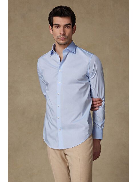 ABBATE Enzo Poplin Stretch Pamuk Karışımlı Slim Fit Açık Mavi Klasik Yaka Erkek Düz Gömlek - S000438191-17437