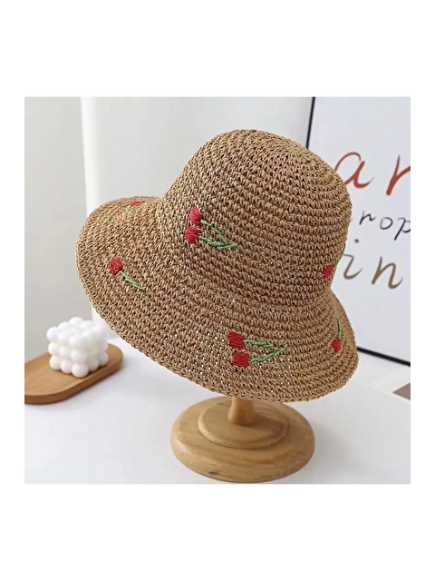 Luminos Butik Camel Geniş Kenarlı El Örgüsü Hasır Şapka Kiraz Desenli Zarif Aksesuar Güneşten Koruma HSR2098