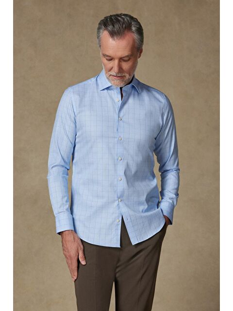 ABBATE Donatello Poplin Pamuklu Slim Fit Açık Mavi Klasik Yaka Erkek Kareli %100 Pamuk Gömlek - S000438194-17437