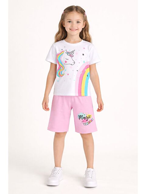 Cansın Mini Pembe Baskılı Simli Kız Çocuk Tişörtlü Şortlu Takım 23794