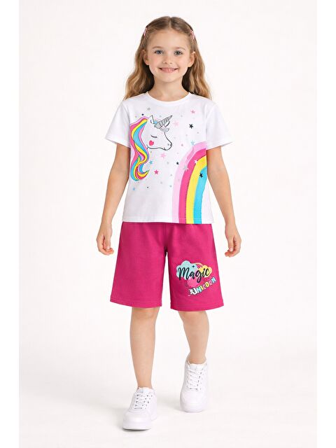 Cansın Mini Koyu Pembe Baskılı Simli Kız Çocuk Tişörtlü Şortlu Takım 23797