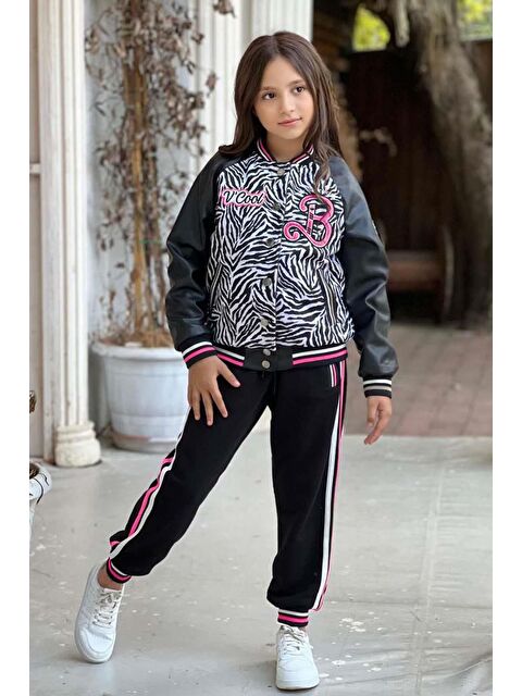 Riccotarz Kız Çocuk V Cool Yazı Baskılı Sweatshirt Zebra ve Pembe Şerit Detaylı Deri Eşofman Takım - S000462225-20024