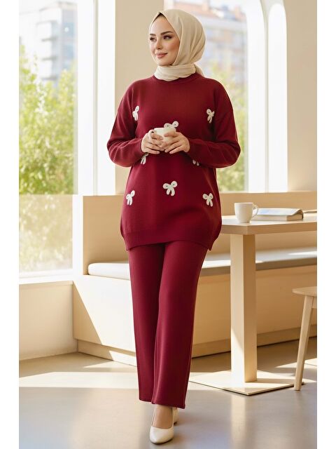 Tofisa Fiyonklu Nakışlı İkili Triko Takım Bordo - 28032-BORDO - S000483653-19951