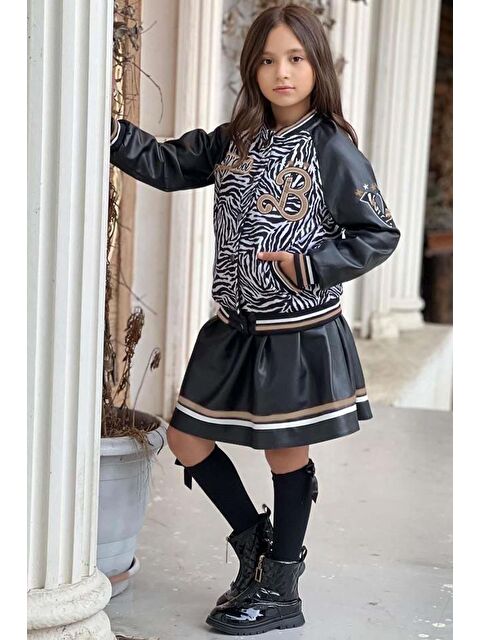 Riccotarz Kız Çocuk V Cool Yazı Baskılı Sweatshirt Zebra ve Gold Şerit Detaylı Deri Ceketli Etekli Takım - S000462226-20072
