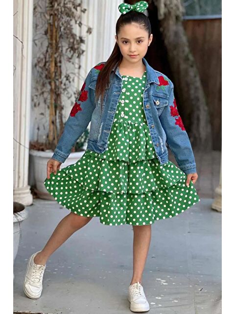 Riccotarz Kız Çocuk Gül İşlemeli Jean Ceket Boydan Puantiye Baskılı Piliseli Yeşil Elbise - S000491361-18194