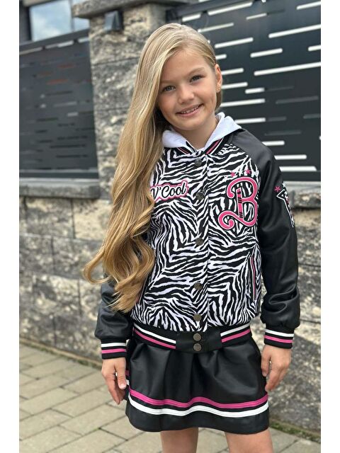 Riccotarz Kız Çocuk V Cool Yazı Baskılı Sweatshirt Zebra ve Pembe Şerit Detaylı Deri Ceketli Etekli Takım - S000462229-20024