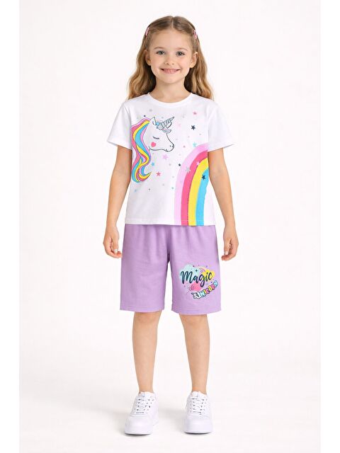 Cansın Mini Lila Baskılı Simli Kız Çocuk Tişörtlü Şortlu Takım 23795