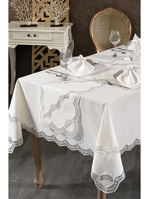 Çeyiz Diyarı Rua Fransız Dantelli Keten Yemek Takımı - 26 Parça Krem - S000499179-19966