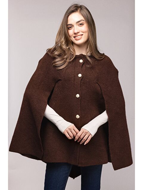 Saade Kahverengi Bisiklet Yaka Gold Düğmeli Panço-Pelerin - S000506627-19413