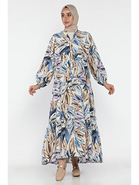 Julude Desenli Ön Düğmeli Mevsimlik Tesettür Elbise - S000470424-25636