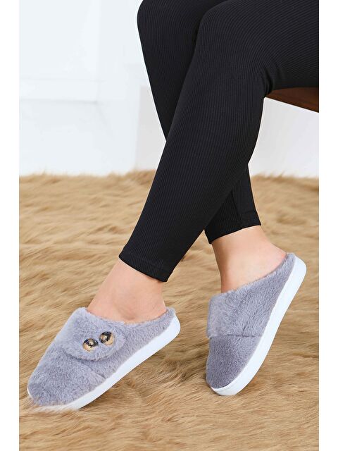 Tofisa Kadın Gri Düğmeli Düz Ev Terliği - 27777-GRI - S000463443-20600