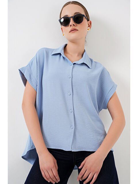 Bigdart Kadın Oversize Kısa Kol Gömlek 20322 - Mavi - S000379507-17234