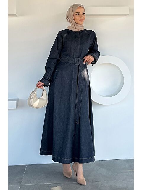 Julude Boydan Düğmeli Kemer Detaylı Çift Cepli Tesettür Jean Jean Elbise - S000470427-21164