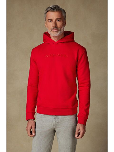 ABBATE Örme Kumaş Pamuklu Comfort Fit Kırmızı Bisiklet Yaka Erkek Nakışlı Hoodie - S000438197-20045