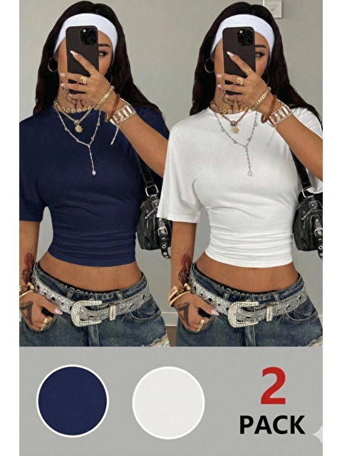 Tarz Cool Kadın Beyaz-Lacivert Kısa Kollu Crop Tişört – Bisiklet Yaka, Slim Fit, Günlük & Basic T-Shirt - S000506628-37494