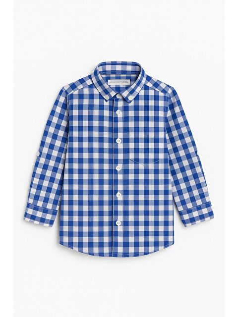 Magu Erkek Çocuk Mavi Beyaz Kareli Uzun Kollu Pamuklu Gömlek – Cepli Düğmeli